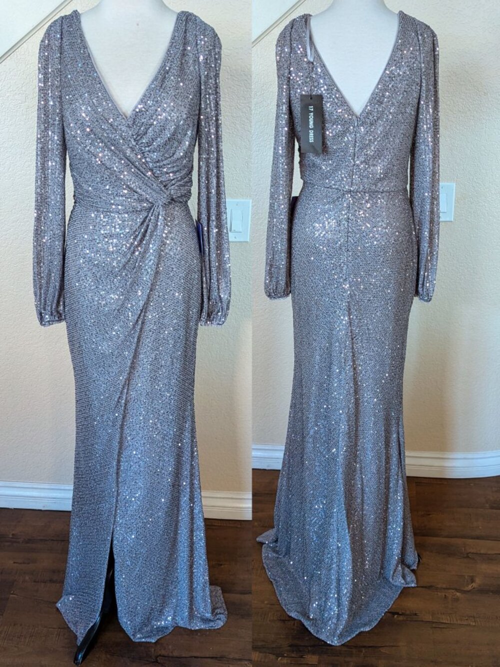 Gunmetal Silver Sequined Long Sleeve Formal Evening Dress 10